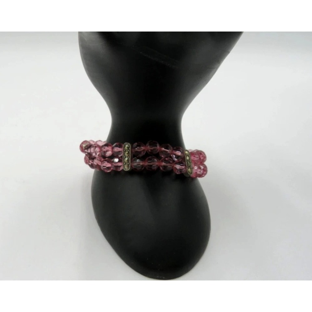 Pink Faceted Lucite Bead Double Strand Bracelet Box Clasp Fashion Jewelry - Picture 3 of 10